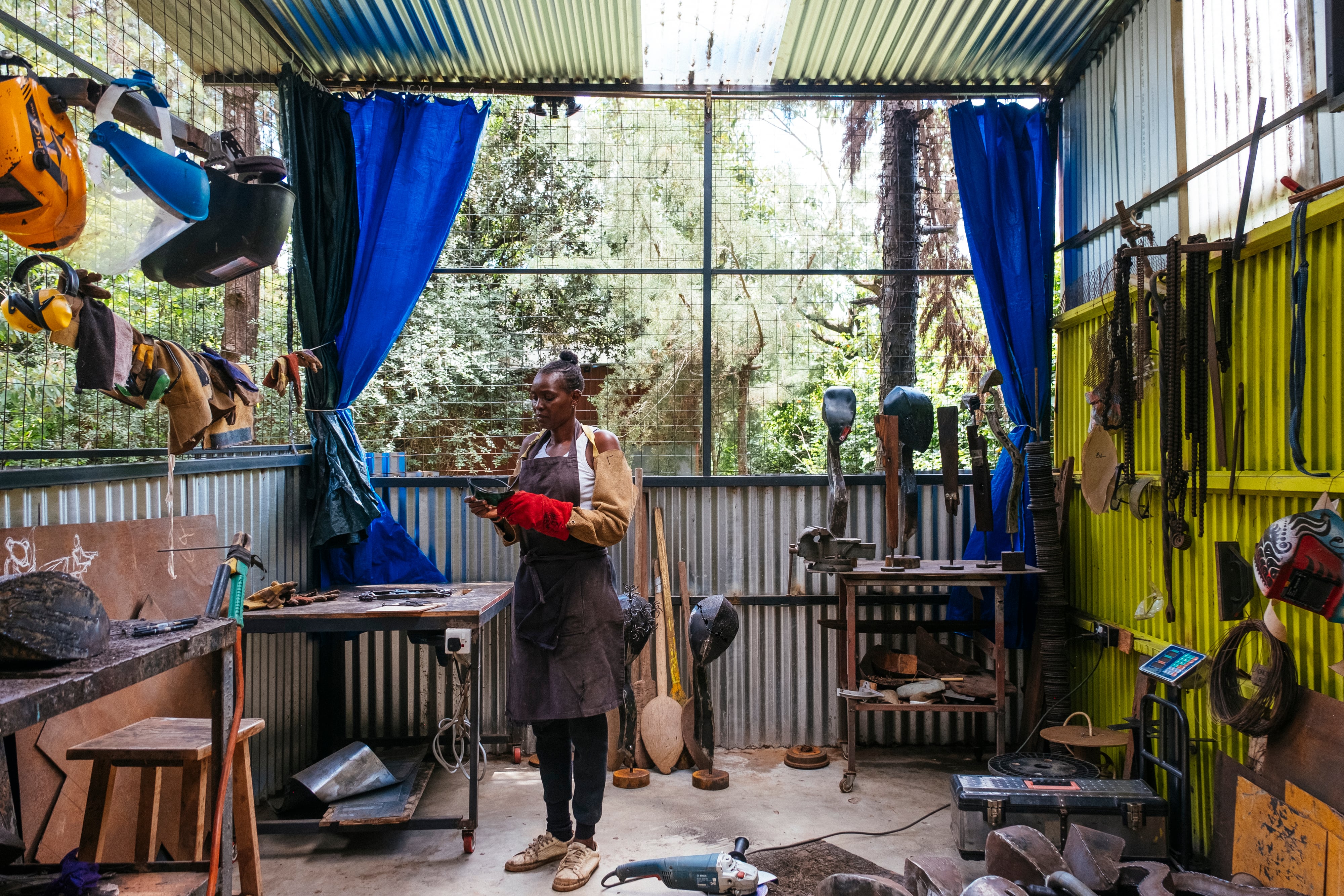Maggie Otieno’s Sojourner: The Difference is the Same at Efie Gallery draws on almost three decades of working with reclaimed and distressed materials. Photo: Efie Gallery