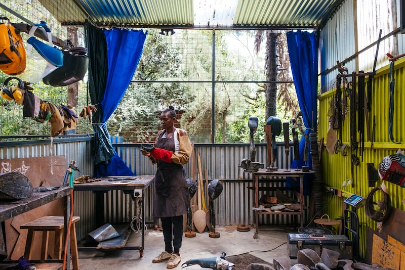 Maggie Otieno’s Sojourner: The Difference is the Same at Efie Gallery draws on almost three decades of working with reclaimed and distressed materials. Photo: Efie Gallery