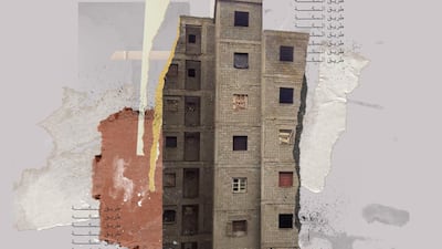 One of Razan Al Naas's works shows a building of unfinished cinderblocks with blanketed and boarded windows. There are strips of wall plaster and stucco textures within the image. It is dated January 2020 and the bottom right of the collage reads, '279 days of war on Tripoli.' Razan Al Naas