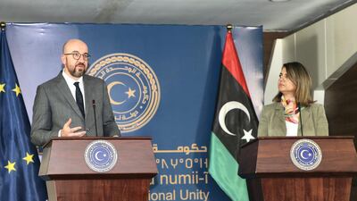 President of the European Council Charles Michel and Najla El Mangoush hold a joint press conference in April. Getty Images