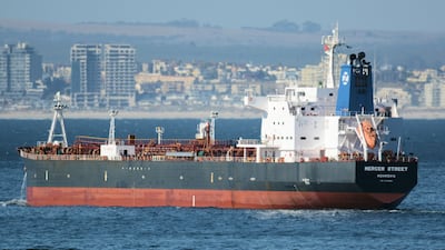 This Jan. 2, 2016 photo shows the Liberian-flagged oil tanker Mercer Street off Cape Town, South Africa. AP