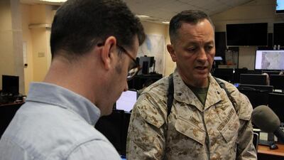 US Brig Gen Rick Uribe talking to reporters in Baghdad's joint operations centre on October 26, 2016. As Iraqi security forces and Kurdish Peshmerga units close in on Mosul, US military officials offered a quick glimpse of the facility to highlight how coalition intelligence and air power is helping the Iraqis push ISIL from Iraq. Thomas Watkins / AFP