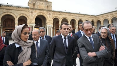 French President Emmanuel Macron on a visit to Zitouna mosque in Tunis earlier this year. AFP