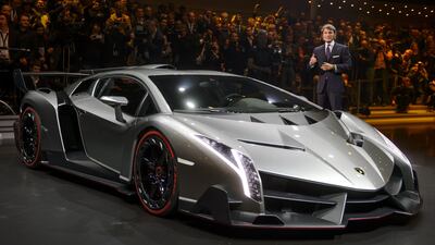 The new Lamborghini Veneno is presented by CEO and Chairman Stephan Winkelmann ahead of the Geneva Car Show. Fabrice Coffrini /AFP