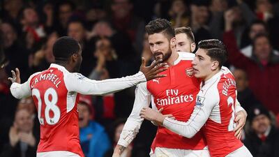 Arsenal's Olivier Giroud, second from right, celebrates with teammates after scoring Arsenal's second goal of the match against Sunderland during the English Premier League match at the Emirates Stadium in London, Britain, 05 December 2015.