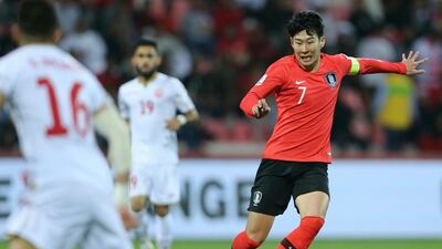 South Korea's forward Son Heung-Min runs with the ball during the AFC Asian Cup round of 16 soccer match between South Korea and Bahrain at the Rashid Stadium in Dubai, United Arab Emirates, Tuesday, Jan. 22, 2019. (AP Photo/Kamran Jebreili)