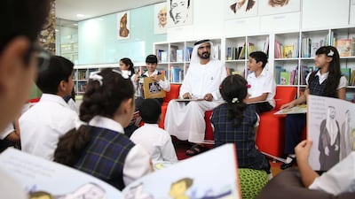 Sheikh Mohammed bin Rashid, Vice President and Ruler of Dubai, reads his children’s book ‘Two Heroic Leaders’ to pupils on Wednesday. Wam