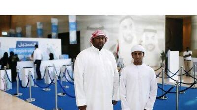 Abu Dhabi Men's College students Waleed Al Jberi, left, and Mohamed Al Messabi at the Mubadala Youth Forum 2012. Sarah Dea / The National