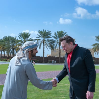 A handshake between Sheikh Hamdan and Elon Musk. Photo: Instagram / Sheikh Hamdan bin Mohammed