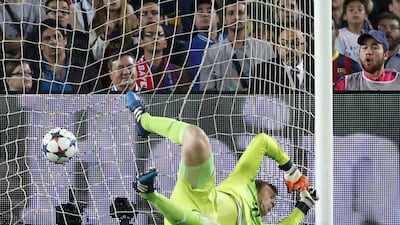 Bayern Munich goalkeeper Manuel Neuer fails to make a save as Barcelona's Lionel Messi scores the opening goal during the Champions League semi-final first leg on Wednesday. Manu Fernandez / AP