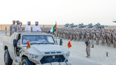 Sheikh Hamdan bin Mohammed, Crown Prince of Dubai, attends the graduation of the 18th cohort of the national military service at Seih Hafeir in Abu Dhabi. All photos: Wam