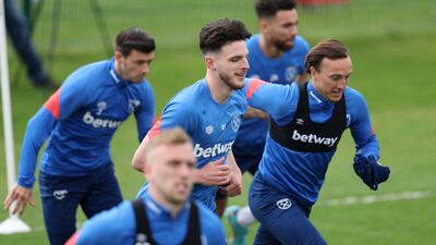 West Ham's Declan Rice and Mark Noble during training. Reuters