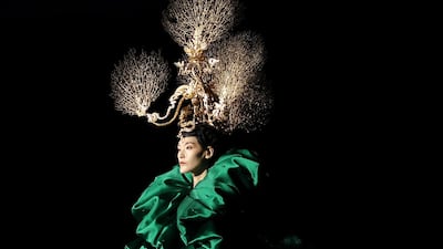 A dramatic look from the Heaven Gaia collection by Chinese designer Xiong Ying. Getty Images.