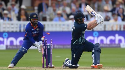 England's Jonny Bairstow is bowled by Yuzvendra Chahal of India for 38. Getty