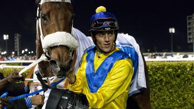 Vercingetorix, here with Christophe Soumillon, is coming off a 276-day rest, but trainer Mike de Kock is not concerned. Razan Alzayani / The National