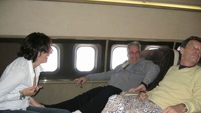 Epstein, Maxwell and French model agent Jean-Luc Brunel on the financier's private jet, the 'Lolita Express'. Brunel died in prison in February while awaiting charges including raping minors. Photo: Shutterstock
