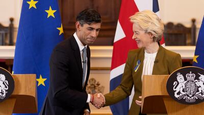 UK Prime Minister Rishi Sunak and EU Commission President Ursula von der Leyen shake hands at a press conference at Windsor Guildhall. Getty