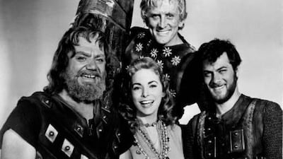 From left, Ernest Borgnine, Janet Leigh, Tony Curtis and Kirk Douglas on the set of The Vikings, directed by Richard Fleischer.