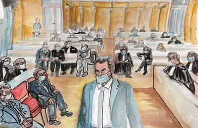 A court sketch shows former French president Nicolas Sarkozy in his trial for corruption and influence peddling. AFP