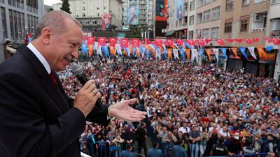Turkish President Recep Tayyip Erdogan addresses supporters in Rize on August 11, 2018. Presidential Palace via Reuters