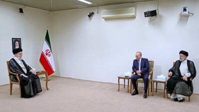 Iranian supreme leader Ayatollah Ali Khamenei holds talks with Mr Putin and Mr Raisi in Tehran. EPA