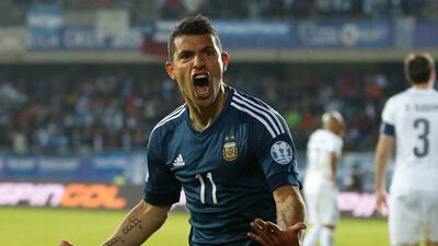 Sergio Aguero celebrates his goal as Argentina edged out Uruguay. Andre Penner / AAP Photo / June 16, 2015