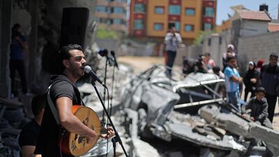 A Palestinian singer performs during a musical event calling to boycott the Eurovision Song Contest. Reuters