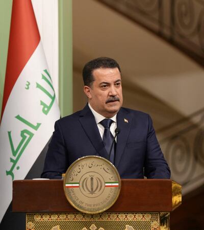 Iraqi Prime Minister Mohammed Shia Al Sudani attends a press briefing in Tehran, Iran. Reuters