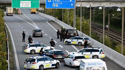 Police vehicles block a road leading to Copenhagen in October 2018, in response to an Iranian plot uncovered by Danish intelligence. EPA