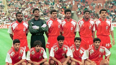 The UAE team that faced West Germany at Italia '90. Back row, left to right, Khalil Ghanim, Muhsin Musabah, Ali Thani, Khalid Ismail, Nasser Khamis, Yousuf Hussain. Bottom row: Hussein Ghoroum, Abdulrahman Mohammed, Adnan Talyani, Eisa Meer, Ibrahim Meer.