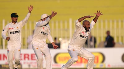 Pakistan's Sajid Khan, centre, and teammates appeal successfully for lbw against England's Ben Duckett. AP