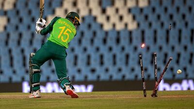 South Africa's batsman Daryn Dupavillon is bowled by Pakistan's bowler Shaheen Afridi. AP