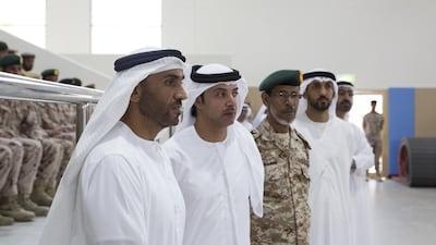 (From left) Sheikh Nahyan bin Zayed, Chairman of the Board of Trustees of the Zayed bin Sultan Al Nahyan Charitable and Humanitarian Foundation, Sheikh Hazza, Vice Chairman of the Abu Dhabi Executive Council, Lt Gen Hamad Thani Al Romaithi, Chief of Staff of the Armed Forces, and Mohamed Mubarak Al Mazrouei, Undersecretary of the Crown Prince Court of Abu Dhabi, at the inauguration of the Seih Hafair Camp. Ryan Carter / Crown Prince Court - Abu Dhabi