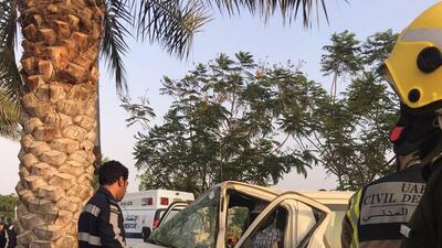 A bus crashed into a palm tree in Ras Al Khaimah, injuring 12 workers. Courtesy RAK Police