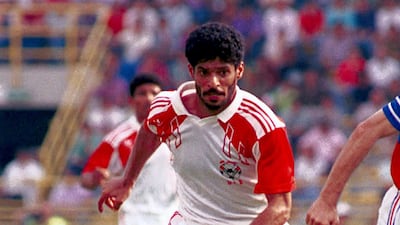 A picture taken on June 19, 1990 shows Emirati forward Adnan Al Talyani controls the ball during the World Cup Group D match against Yugoslavia at the Renato Dall'Ara stadium in Bologna, Italy. Yugoslavia won 4-1. AFP