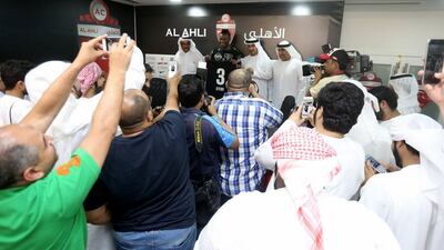 Ghanaian footballer Asamoah Gyan is introduced at Al Ahli on Sunday. Photo Courtesy / Al Ahli