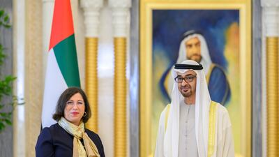 Sheikh Mohamed receives Natalia Al Mansour, ambassador of Slovenia to the UAE. Hamad Al Kaabi / UAE Presidential Court