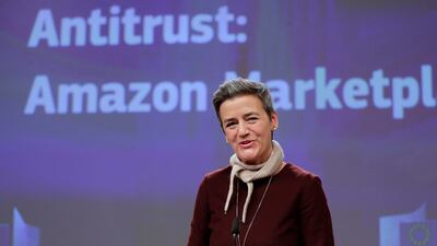 Margrethe Vestager gives a press conference on the antitrust case against Amazon Marketplace in Brussels. EPA