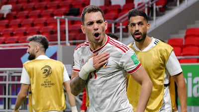 UAE's forward Caio Canedo (C) celebrates after scoring a goal during the FIFA World Cup 2022 play-off qualifier football match between UAE and Australia at Ahmad bin Ali stadium in Qatar's Ar-Rayyan city on June 7, 2022. (Photo by KARIM JAAFAR / AFP)