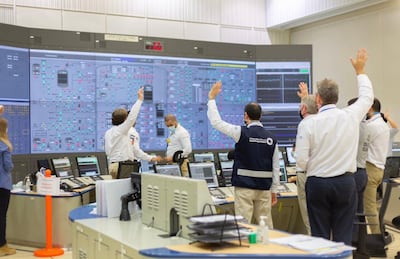 Engineers at the Barakah Nuclear Power Plant Abu Dhabi after the first reactor was turned on. Courtesy: Sheikh Mohammed Twitter