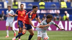 Spain, in red, against Belgium during their 2026 World Cup quarter-final match in Inglewood, California. AFP