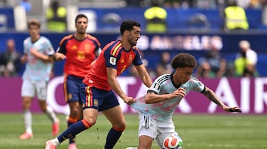 Spain, in red, against Belgium during their 2026 World Cup quarter-final match in Inglewood, California. AFP