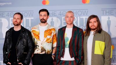 Dan Smith, Kyle Simmons, Will Farquarson and Chris Wood of Bastille arrives at the Brit Awards 2020 at The O2 Arena on Tuesday, February 18, 2020 in London, England. AFP
