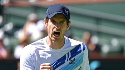 Mar 11, 2022; Indian Wells, CA, USA; Andy Murray (GBR) celebrates after defeating Taro Daniel (JPN) for his 700th career match win at the BNP Paribas Open at the Indian Wells Tennis Garden. Mandatory Credit: Jayne Kamin-Oncea-USA TODAY Sports