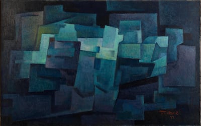 Hafidh Aldroubi and his artwork ‘Harmony in Blue’. Courtesy Carlos Azevedo