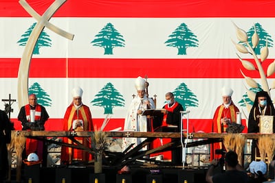 Lebanese Maronite Patriarch Bechara Boutros Al Rai leads a mass in memory of victims of the Beirut port explosion, in Lebanon, on August 4, 2021. Reuters