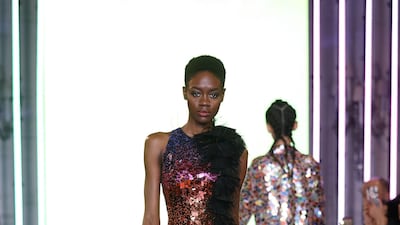 Rainbow halter-neck dress embellished with coloured mirrors and featuring a side ruffle with devoré feathers