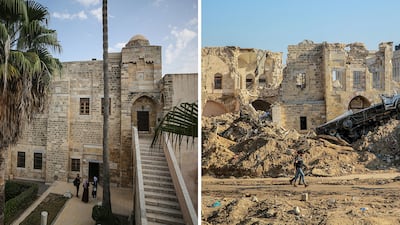 Al Basha Palace in Gaza city before and after Israeli bombing. AFP