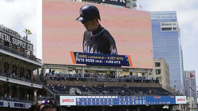 An image of Miami Marlins player Ichiro Suzuki is displayed on a giant screen after hitting a double in the ninth inning of a baseball game against the San Diego Padres Wednesday, June 15, 2016, in San Diego. (Gregory Bull/AP Photo)