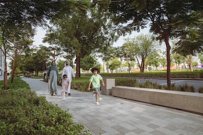 Aljada’s tree-lined boulevards provide welcome shade for morning walks from the hotel. Photo: Arada